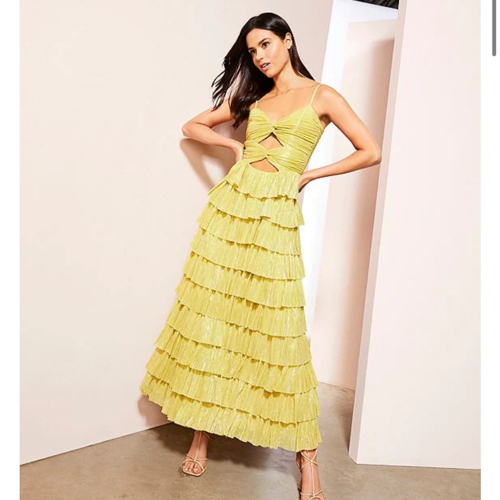 NWT Gianna Bono Viral Grace Metallic Plisse Sweetheart Neck Cut-Out Tiered Dress